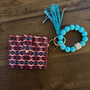 Patterned Wallet with Turquoise Beaded Keychain